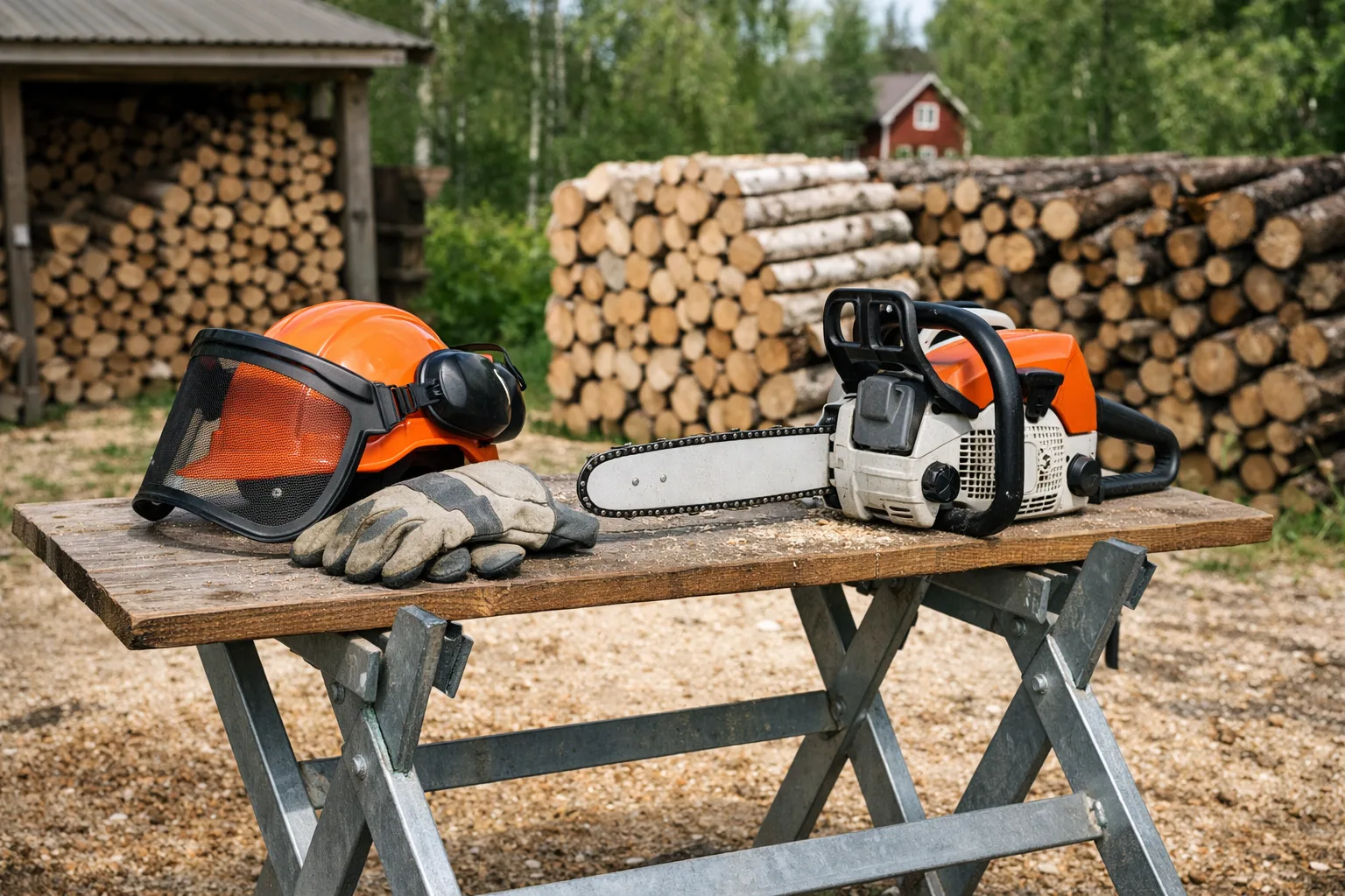 Skyddshjälm, hörselkåpor och handskar på en sågbock.