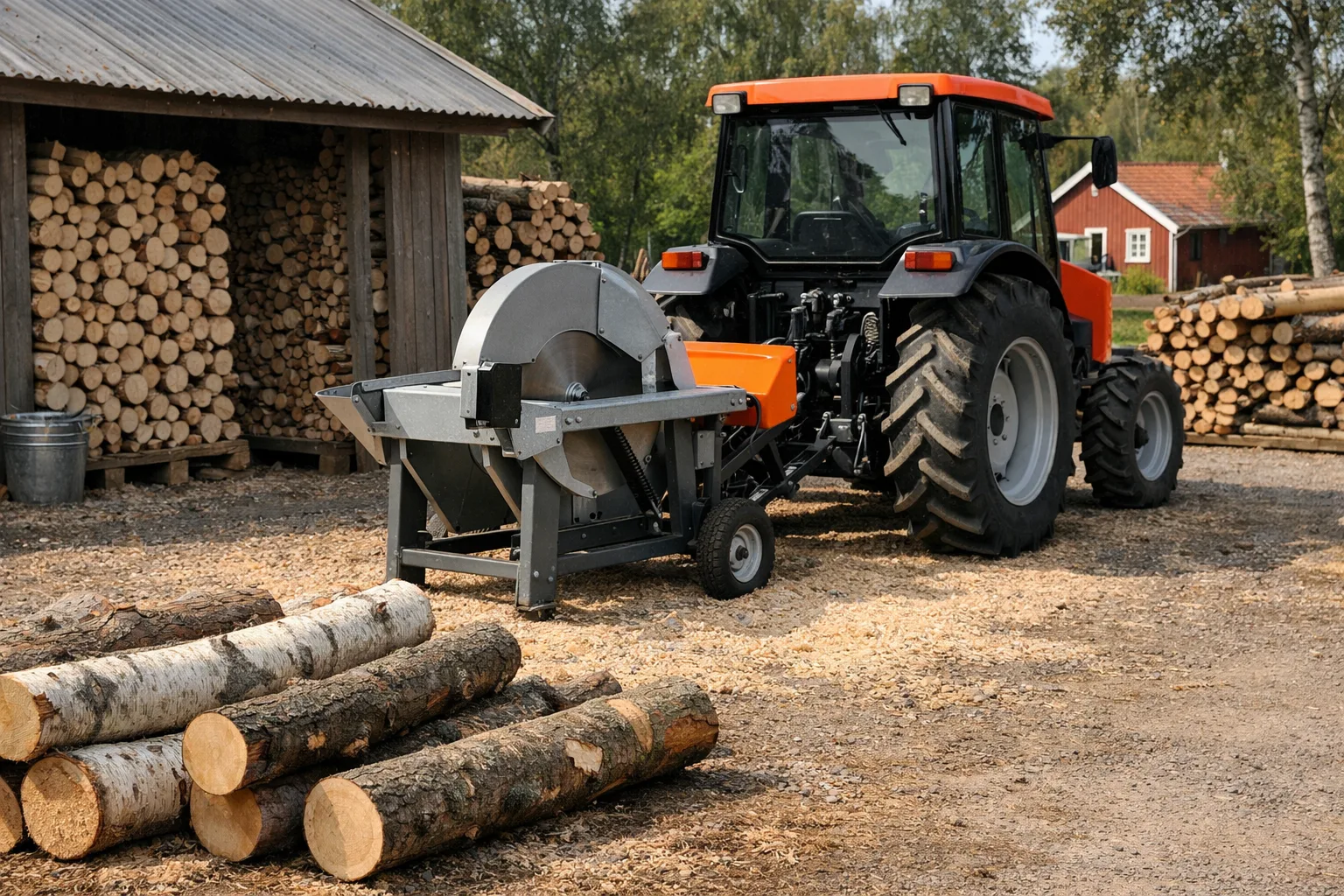 Traktor med kraftuttagsdriven vedkap.
